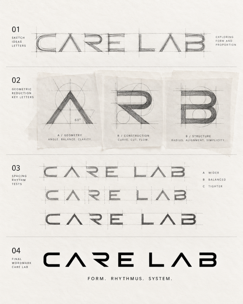 Konzeptionelle Entwicklungsdarstellung der CARE LAB Wortmarke und des CL-Signets